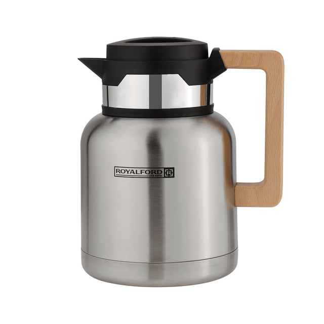 Royalford Stainless Steel Vacuum Jug with Wooden Handle, 1L | RF10169 | Thermal Insulated Airpot | Keep Drinks Hot & Cold up to Hours | Portable & Leak Proof Thermal Flask Silver
