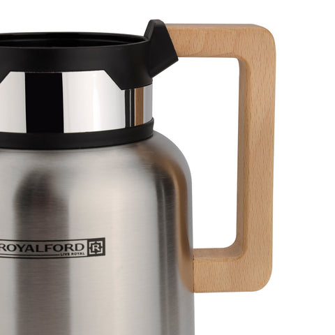 Stainless Steel Vacuum Jug with Wooden Handle, 1.5L, RF10171 | Thermal Insulated Airpot | Keep Drinks Hot & Cold up to Hours | Portable & Leak Proof Thermal Flask Silver 1.5Liters