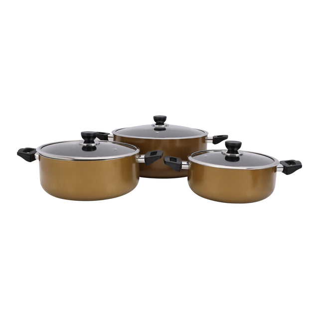 6 Piece Granite Coated Aluminum  Cookware Set Induction Compatible With Glass Lid Brown