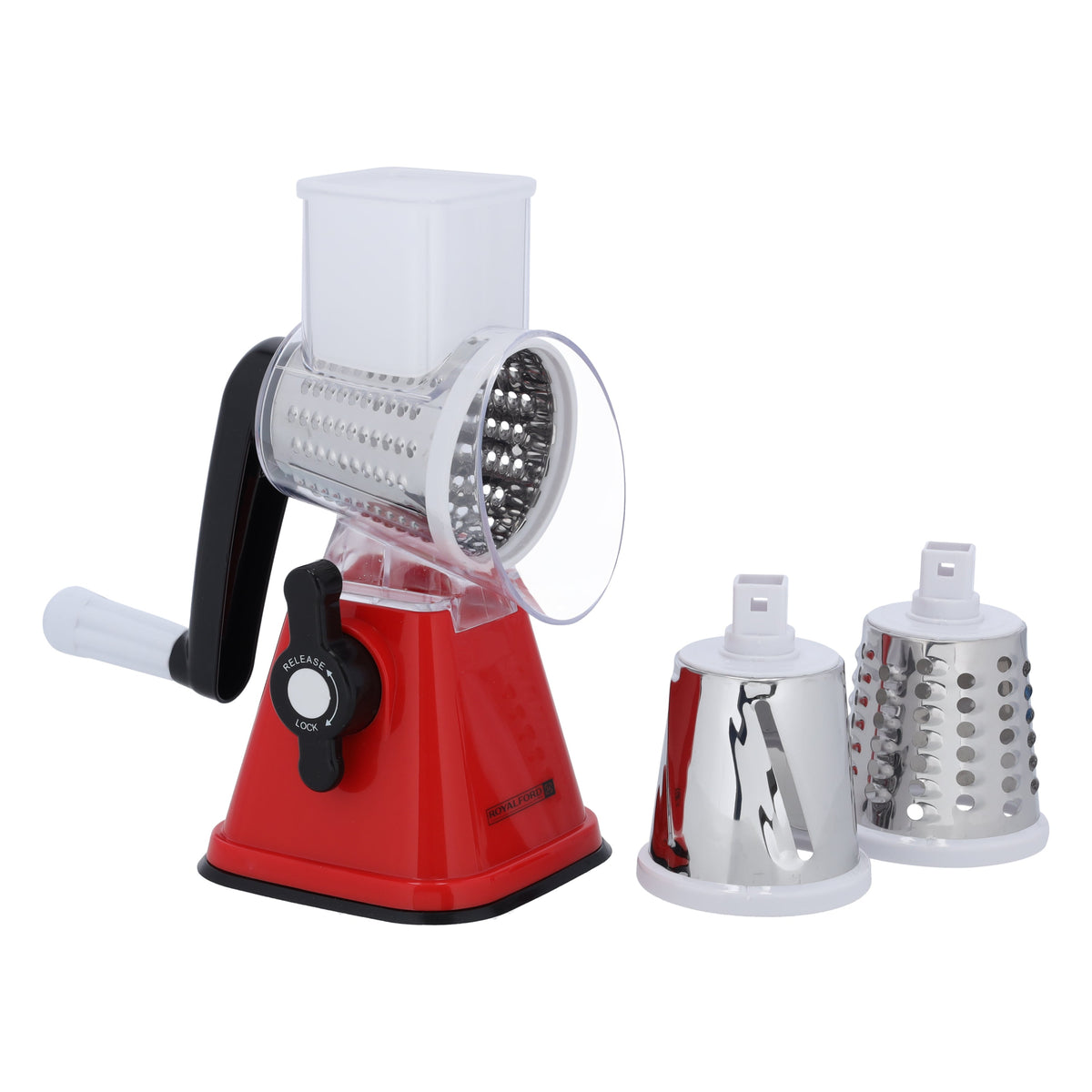 Rotary Grater with 3 Interchangeable Stainless Steel Blades | Manual Vegetable Slicer & Cheese Grater | Suction Base | Dishwasher Safe | Red & Black
