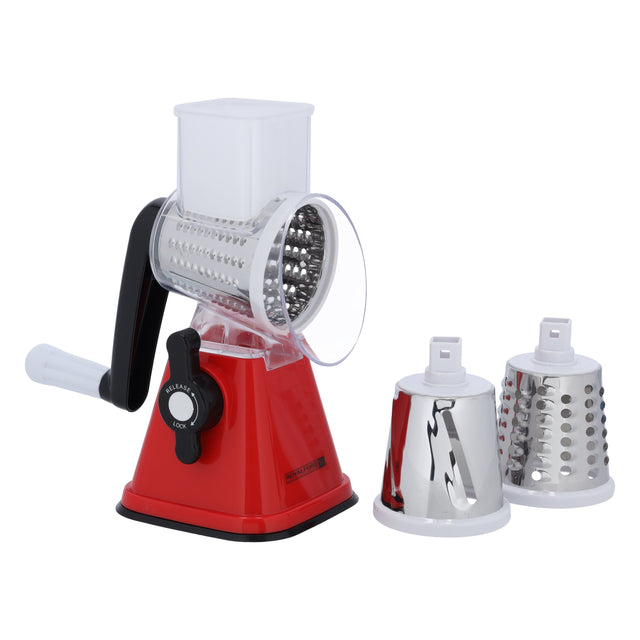 Rotary Grater with 3 Interchangeable Stainless Steel Blades | Manual Vegetable Slicer & Cheese Grater | Suction Base | Dishwasher Safe | Red & Black