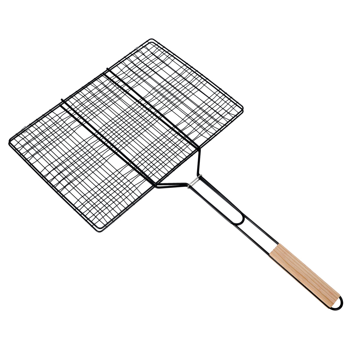 BBQ Grill Basket with Wooden Handle | Chromium Plated Iron Folding Barbecue Grill | Portable Lockable Grill Basket for Fish, Meat & Vegetables