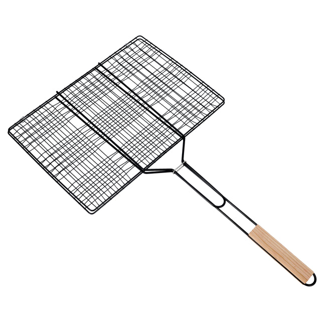 BBQ Grill Basket with Wooden Handle | Chromium Plated Iron Folding Barbecue Grill | Portable Lockable Grill Basket for Fish, Meat & Vegetables