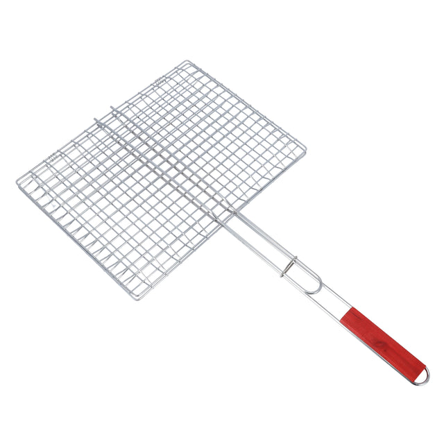 BBQ Grill Basket RF10380 – Chromium Plated Iron Grilling Basket with Wooden Handle | Portable Folding Grill for Fish, Meat, Shrimp & Vegetables