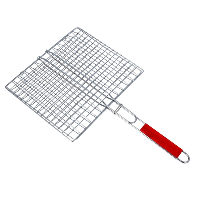 Barbeque Grill Chromium Plated Iron, RF10382 - Wooden Handle, Folding Portable BBQ Grill Basket for Fish Vegetables Shrimp, Larger Grilling Area Silver/Red