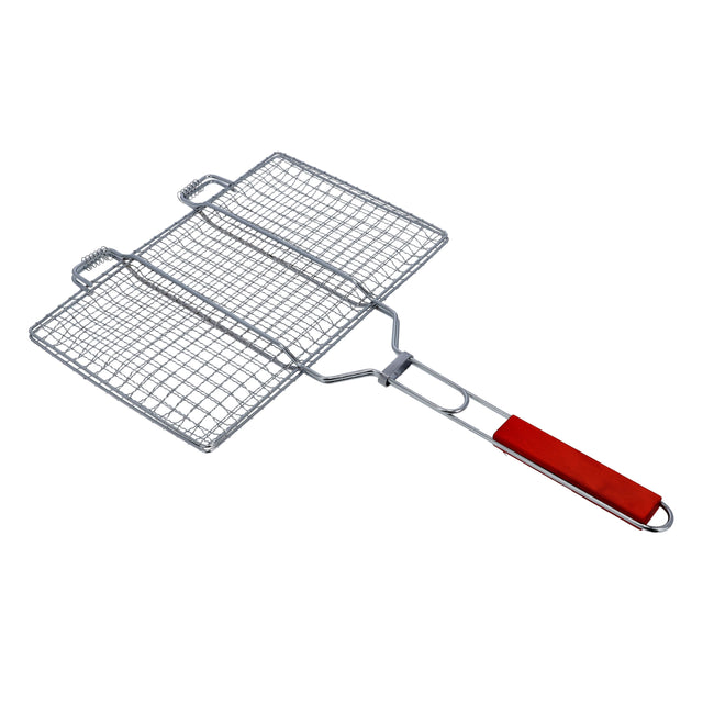 Barbeque Grill with Wooden Handle Folding Portable BBQ Grill Basket for Fish Vegetables Shrimp, Larger Grilling Area, Lockable Grate Silver