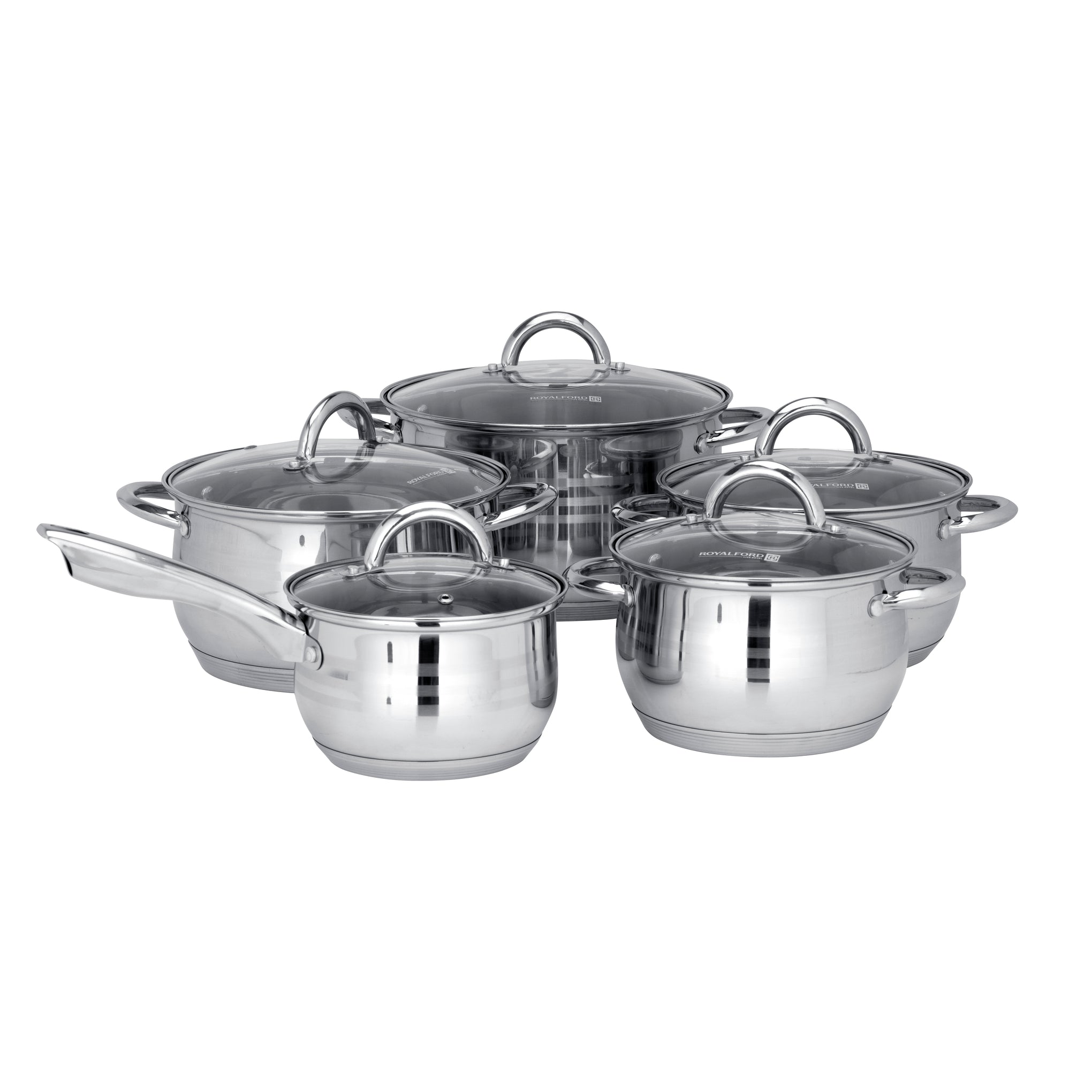 10-Piece Stainless Steel Cookware Set Dishwasher Safe, RF10390 Induction Compatible Base, Strong, Heavy-Duty Riveted Handles Stainless Steel 49x27x21cm