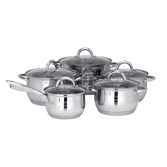 10-Piece Stainless Steel Cookware Set Dishwasher Safe, RF10390 Induction Compatible Base, Strong, Heavy-Duty Riveted Handles Stainless Steel 49x27x21cm