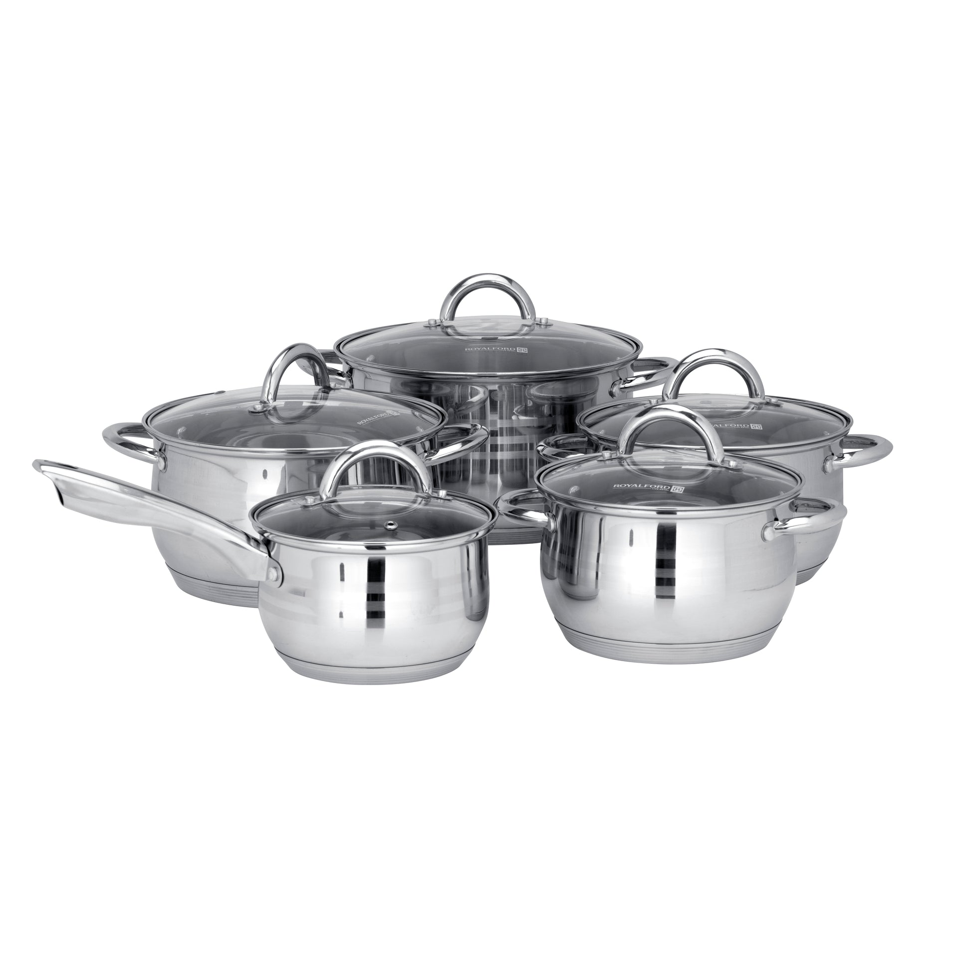 10-Piece Stainless Steel Cookware Set Dishwasher Safe, RF10390 Induction Compatible Base, Strong, Heavy-Duty Riveted Handles Stainless Steel 49x27x21cm