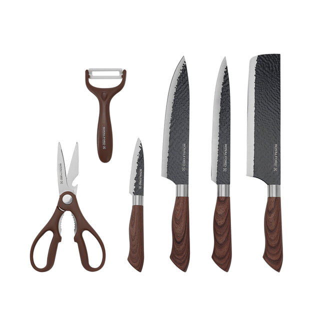 6-Piece Kitchen Knife Set With Non-Stick Coating Extra-Short Stainless-Steel Blades With Premium-Quality Pp Handle With Tpr Wood Finish Brown 1.02kg