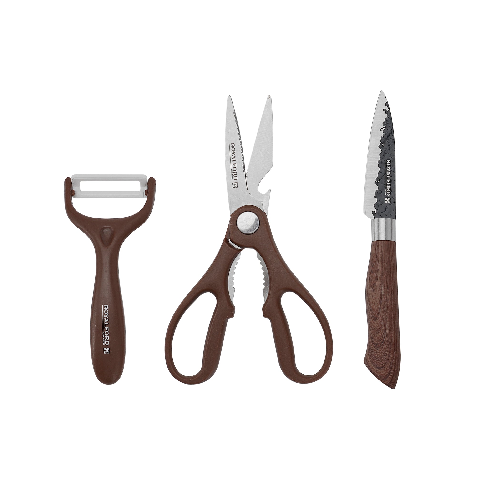 6-Piece Kitchen Knife Set With Non-Stick Coating Extra-Short Stainless-Steel Blades With Premium-Quality Pp Handle With Tpr Wood Finish Brown 1.02kg