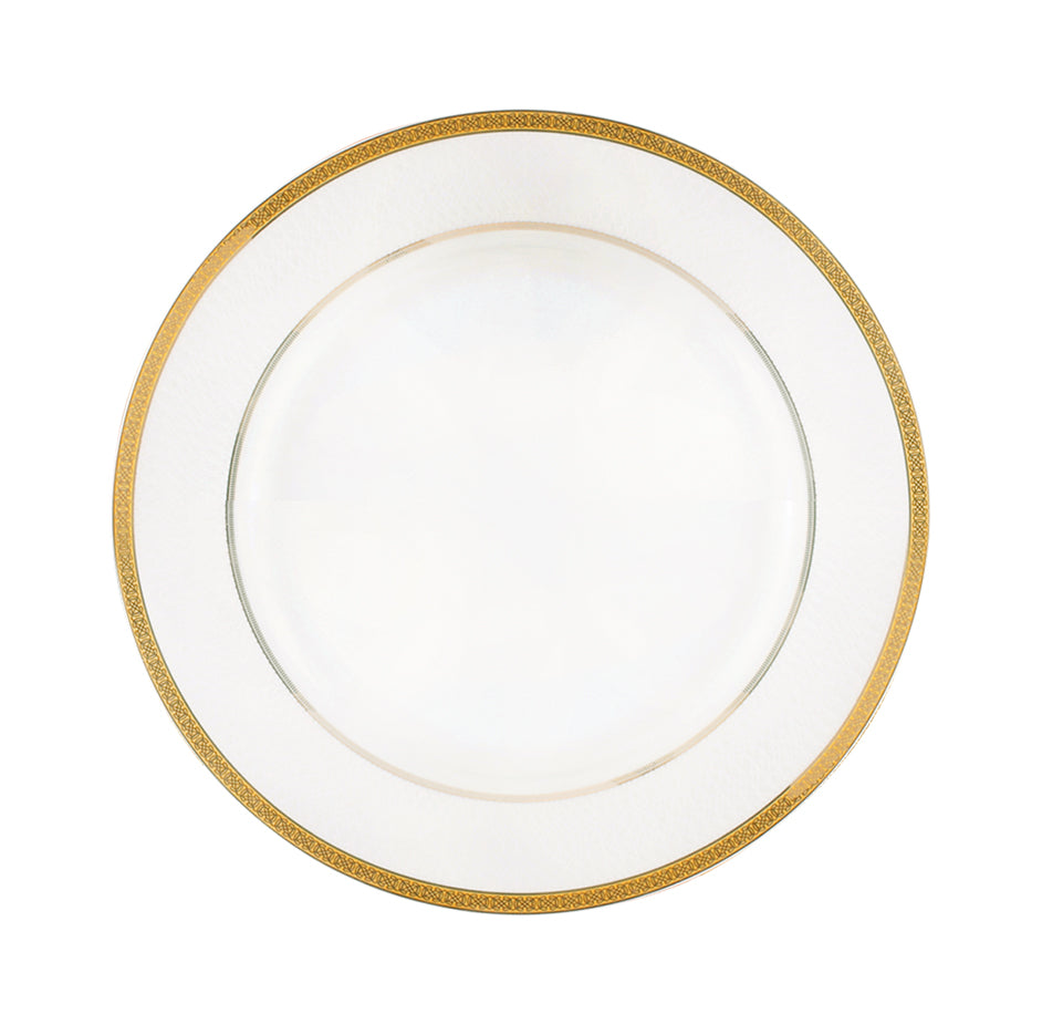 Premium Bone China 10.5 Inch Flat Dinner Plate Round Shape With Elegant Golden Border White 0.002kg