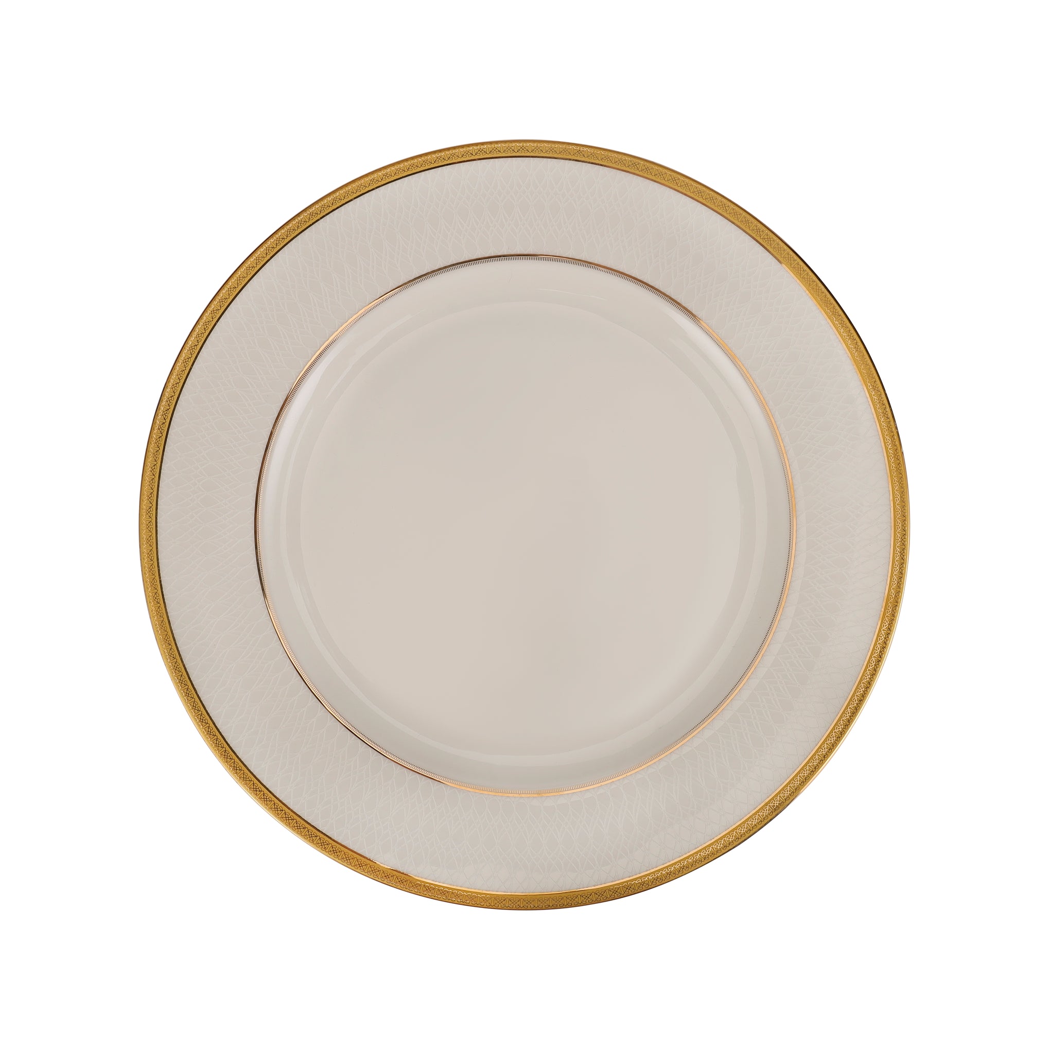 Premium Bone China 10.5 Inch Flat Dinner Plate Round Shape With Elegant Golden Border White 0.002kg