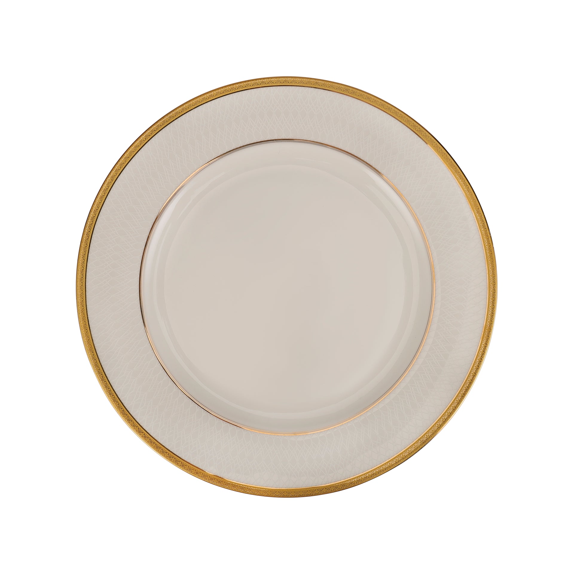 Premium Bone China 10.5 Inch Flat Dinner Plate Round Shape With Elegant Golden Border White 0.002kg