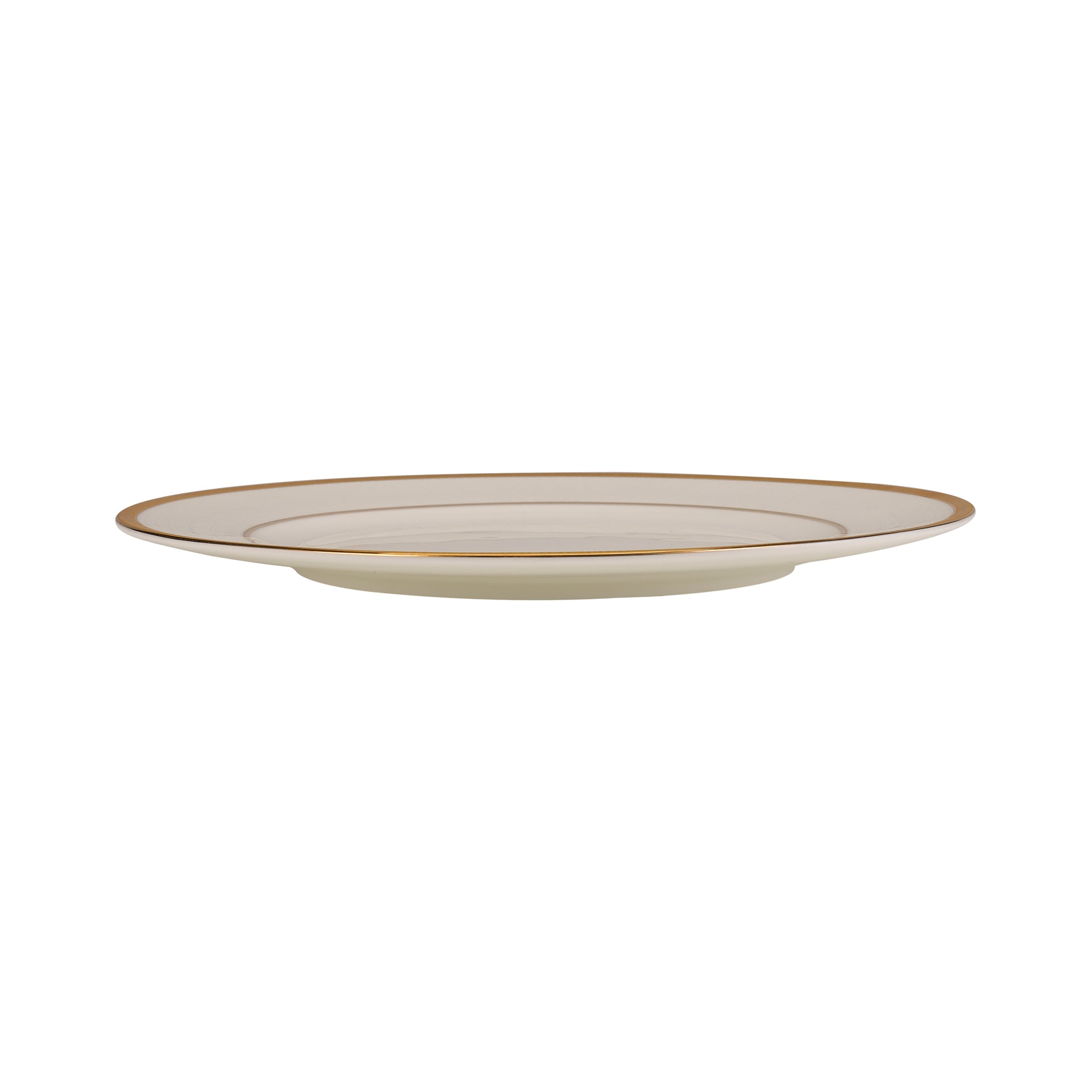 Premium Bone China 10.5 Inch Flat Dinner Plate Round Shape With Elegant Golden Border White 0.002kg