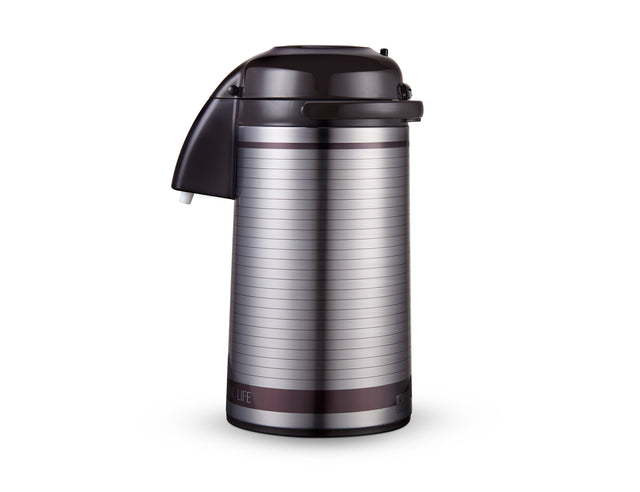 Airpot Flask, 3L, Double Wall Vacuum Insulation| RF10501 | Asbestos-Free Glass Inner | 360 Rotating Base; Splash-Proof Nozzle | Portable And Leak-Resistant | Keep Drinks Hot Or Cold for Hours Dark Brown/Silver 3.0Liters