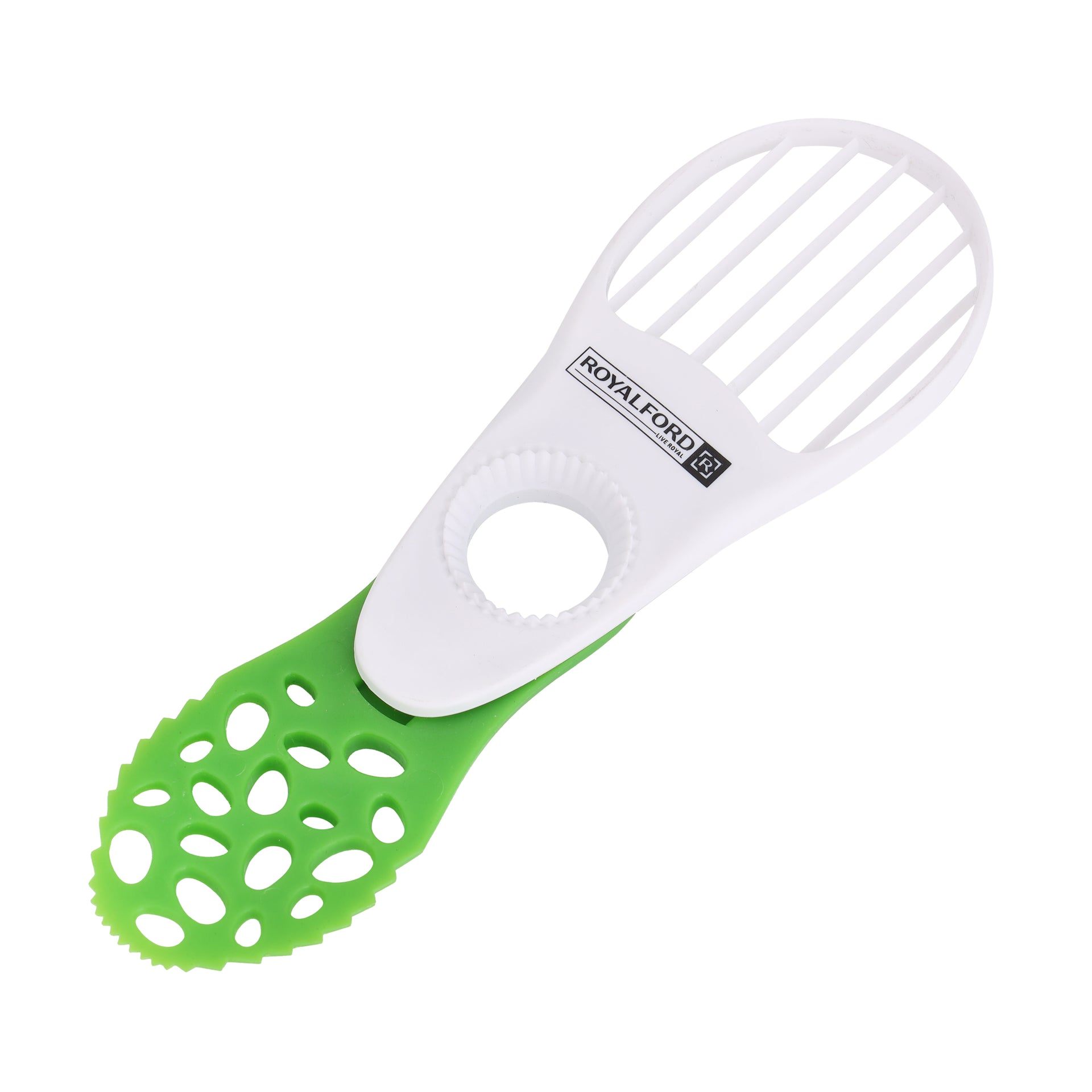 Royalford 5-in-1 Avocado Tool- RF10517| Perfect for Cutting, De-stoning and Slicing| Food-Grade, Premium-Quality Polymer| Ergonomic Design for Easy and Convenient Handling| Dishwasher Safe| Green White