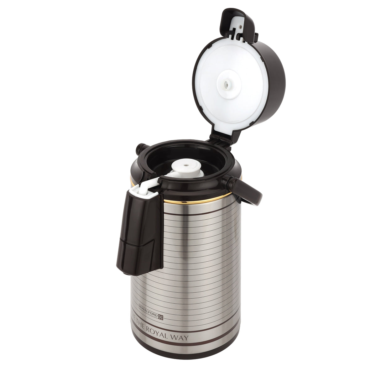 حافظة مشروبات (إيربوت)، عزل حراري مزدوج بتفريغ الهواء، 3 لتر، RF10725 | قاعدة دوارة 360 درجة | محمولة ومضادة للتسريب | حافظة ضاغطة للمشروبات الساخنة/ الباردة، الشاي، القهوة، فضي