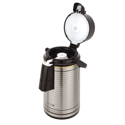 حافظة مشروبات (إيربوت)، عزل حراري مزدوج بتفريغ الهواء، 3 لتر، RF10725 | قاعدة دوارة 360 درجة | محمولة ومضادة للتسريب | حافظة ضاغطة للمشروبات الساخنة/ الباردة، الشاي، القهوة، فضي