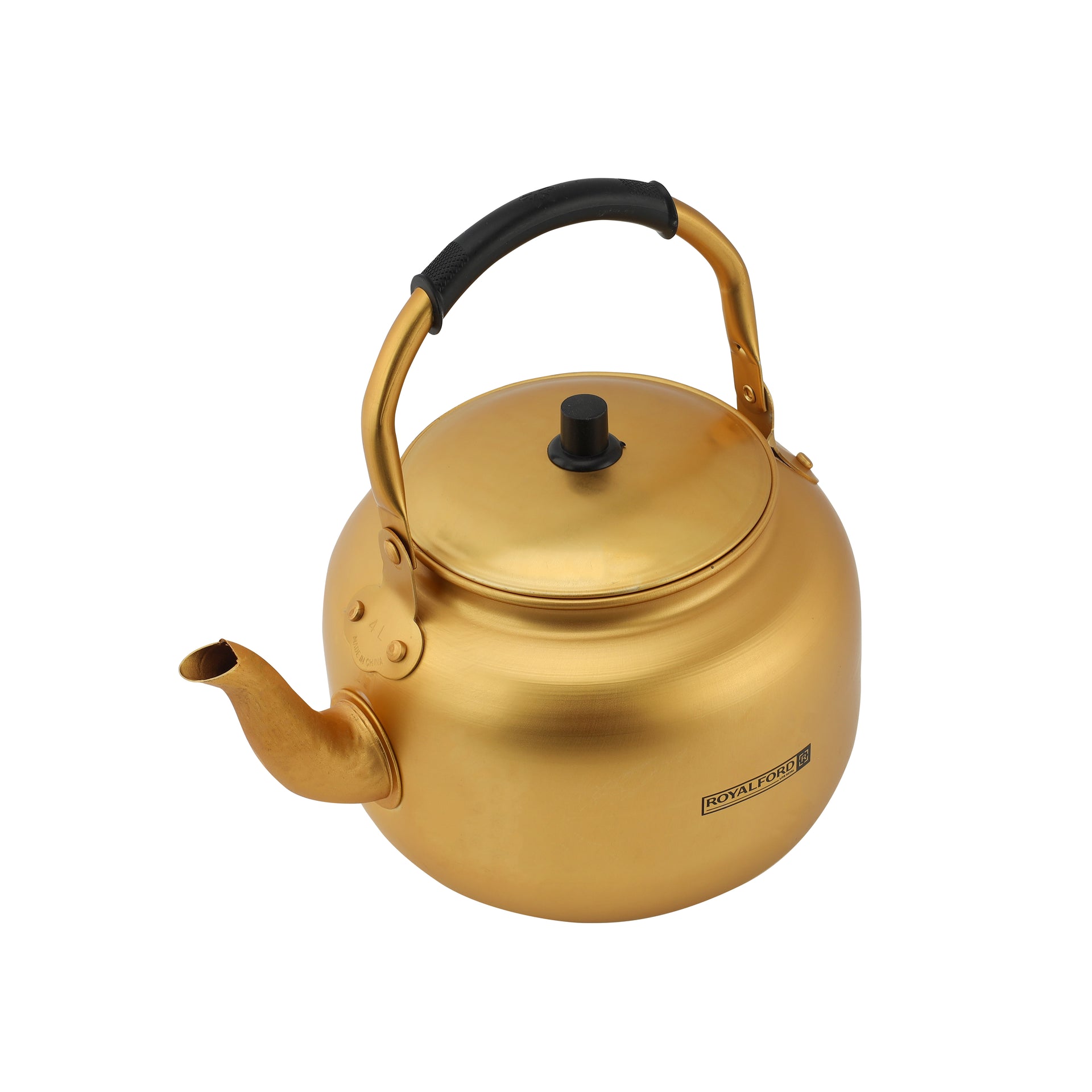 Royalford 4.0L Golden-Finish Aluminum Tea Kettle- RF10769| Rust and Corrosion Resistant Body with Comfortable and Anti-Scald Handle| Induction Compatible| Perfect for Indoor and Outdoor Use| Golden Gold