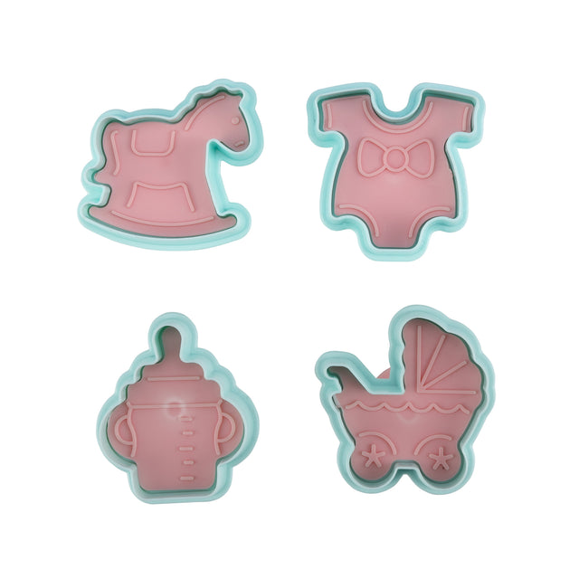 Baby Theme Cookie Cutter Set of 4 | Fondant & Biscuit Cutter with Handle | Pram, Baby Dress, Rocking Horse & Feeding Bottle Shapes