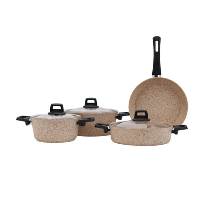 Gabbro 7-Piece Granite Coated Cookware Set RF10980 | Non-Stick Aluminium Pots & Pans with Tempered Glass Lids & Bakelite Handles | Beige