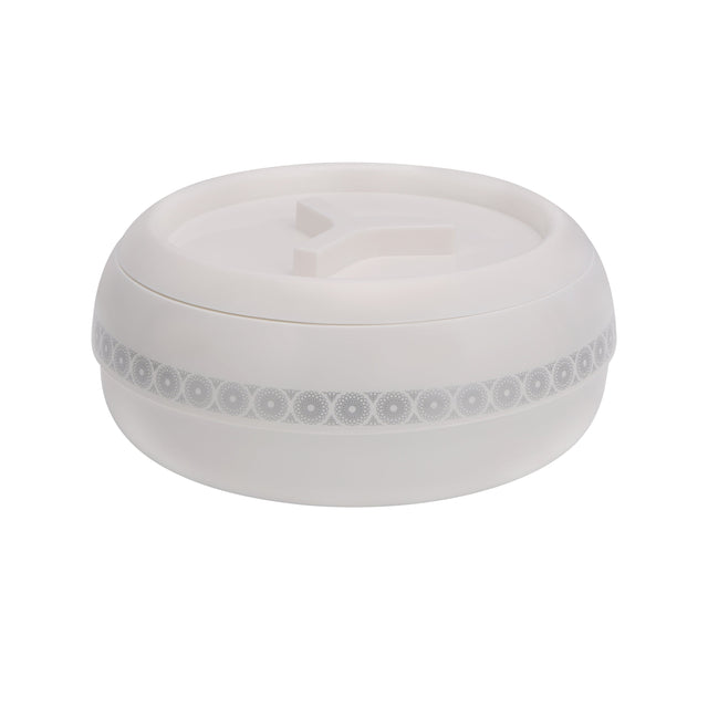 Royalford 2225 ML Zoria Insulated Casserole- RF11030| PP Body with Stainless Steel Inner Casting| BPA-Free| Easy to Carry| Firm Twist Lock ivory with a golden border and white with a silver border
