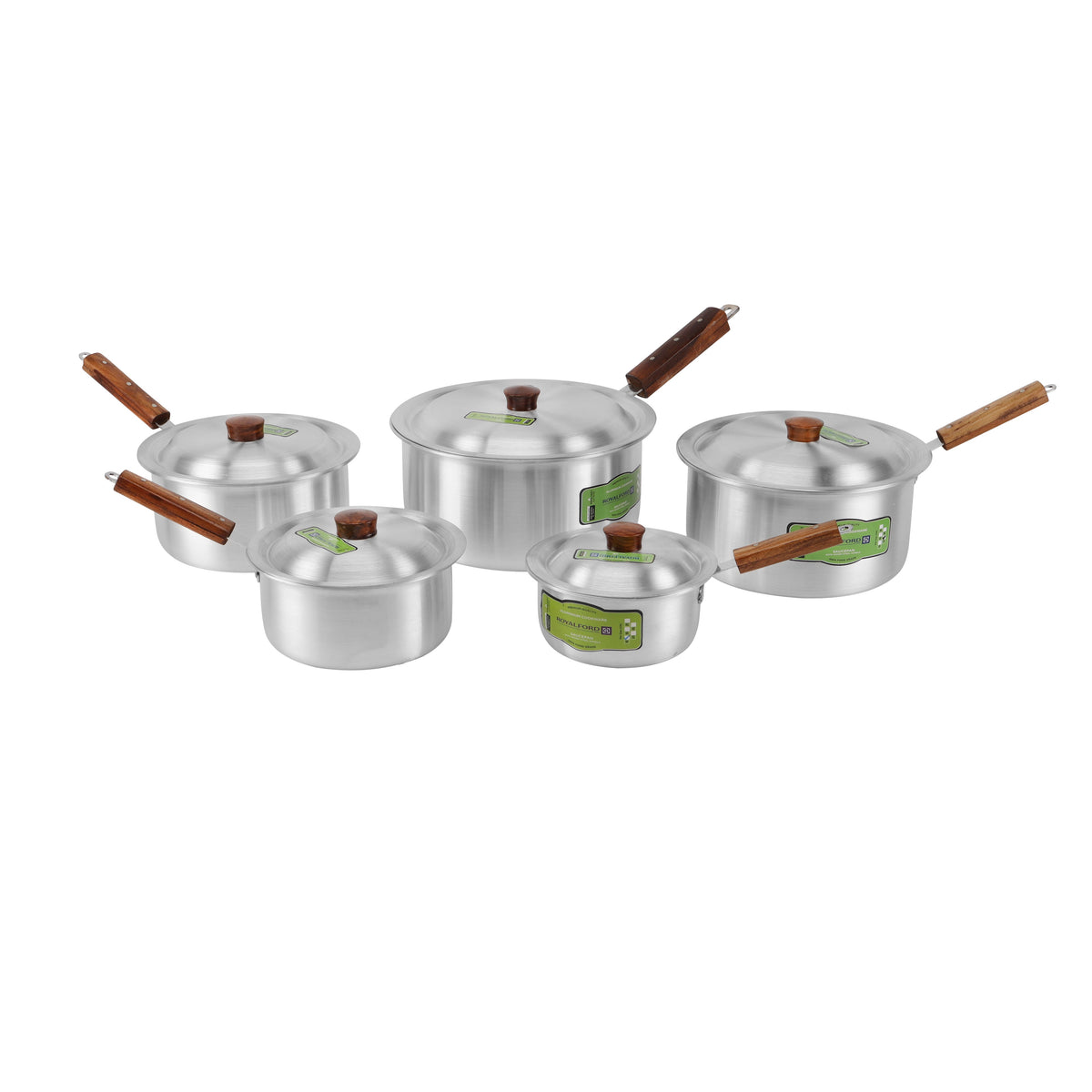 Royalford 10-Piece Aluminium Saucepan Set- RF11206| Saucepan with Lid| Premium-Quality Aluminium Saucepan with Wooden Handle Aluminium