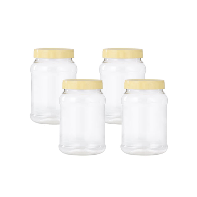Royalford Round Airtight PET Jar, RF11225, 1000ml | Set of 4 | Transparent Jar for Pulses, Cereals and Spices| For Kitchen Organization| PET Canister| Kitchen Accessories| Leak-Proof Lid| Clear| Premium Quality