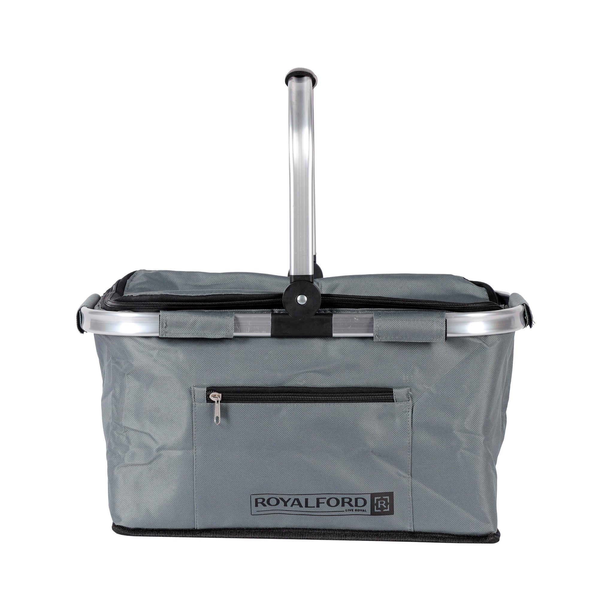 Royalford 24L Insulated Picnic And Grocery Basket- RF11376| Closed Multi-Purpose Utility Basket With Aluminum Handle| Break-Resistant, Light-Weight, Durable, Portable And Stylish Construction| Large Space Perfect For Storing Things| Grey