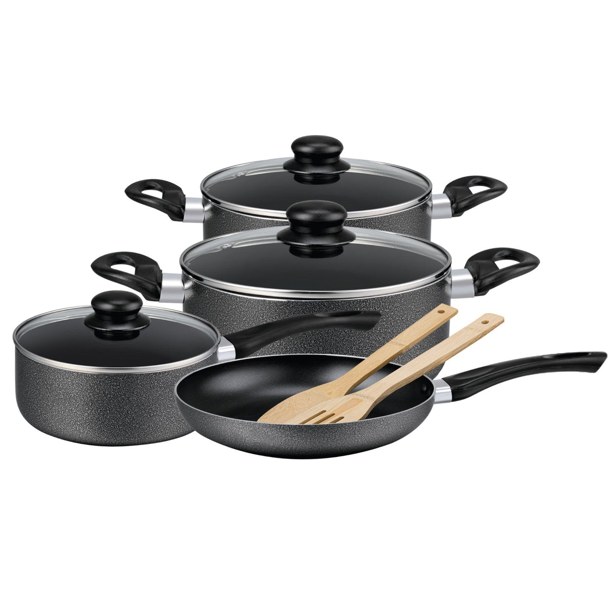 Royalford 9-Piece Non-Stick Cookware Set- RF11642| Aluminum Body With 3-Layer Construction, CD Bottom, Bakelite Handles And Glass Lid| Includes Casserole, Saucepan, Fry Pan, Bamboo Kitchen Tools| PTFE-Free And PFOA-Free| Assorted Colours