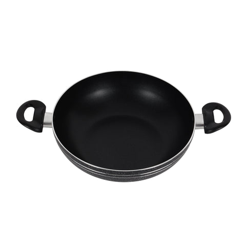 Royalford Elight Series 28 cm Aluminum Wokpan with Nonstick Coating- RF11885/ with Tempered Glass Lid and Soft Touch Bakelite Handles Black