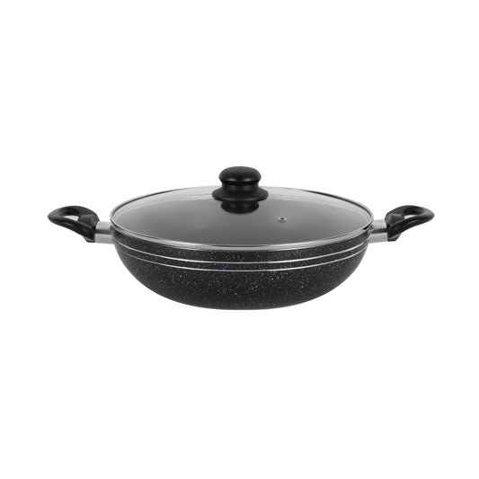 Royalford Elight Series 32 cm Aluminum Wokpan with Nonstick Coating- RF11886/ with Tempered Glass Lid and Soft Touch Bakelite Handles, 3 Layer Construction/ Induction Compatible, Perfect for Deep and Shallow Frying/ Black