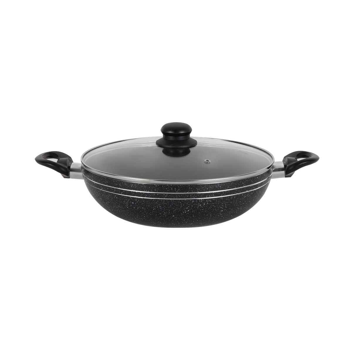 Royalford Elight Series 32 cm Aluminum Wokpan with Nonstick Coating- RF11886/ with Tempered Glass Lid and Soft Touch Bakelite Handles, 3 Layer Construction/ Induction Compatible, Perfect for Deep and Shallow Frying/ Black