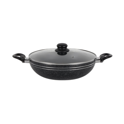 Royalford Elight Series 32 cm Aluminum Wokpan with Nonstick Coating- RF11886/ with Tempered Glass Lid and Soft Touch Bakelite Handles, 3 Layer Construction/ Induction Compatible, Perfect for Deep and Shallow Frying/ Black
