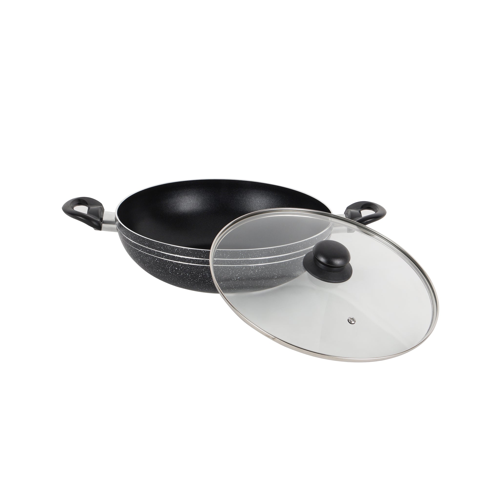 Royalford Elight Series 32 cm Aluminum Wokpan with Nonstick Coating- RF11886/ with Tempered Glass Lid and Soft Touch Bakelite Handles, 3 Layer Construction/ Induction Compatible, Perfect for Deep and Shallow Frying/ Black