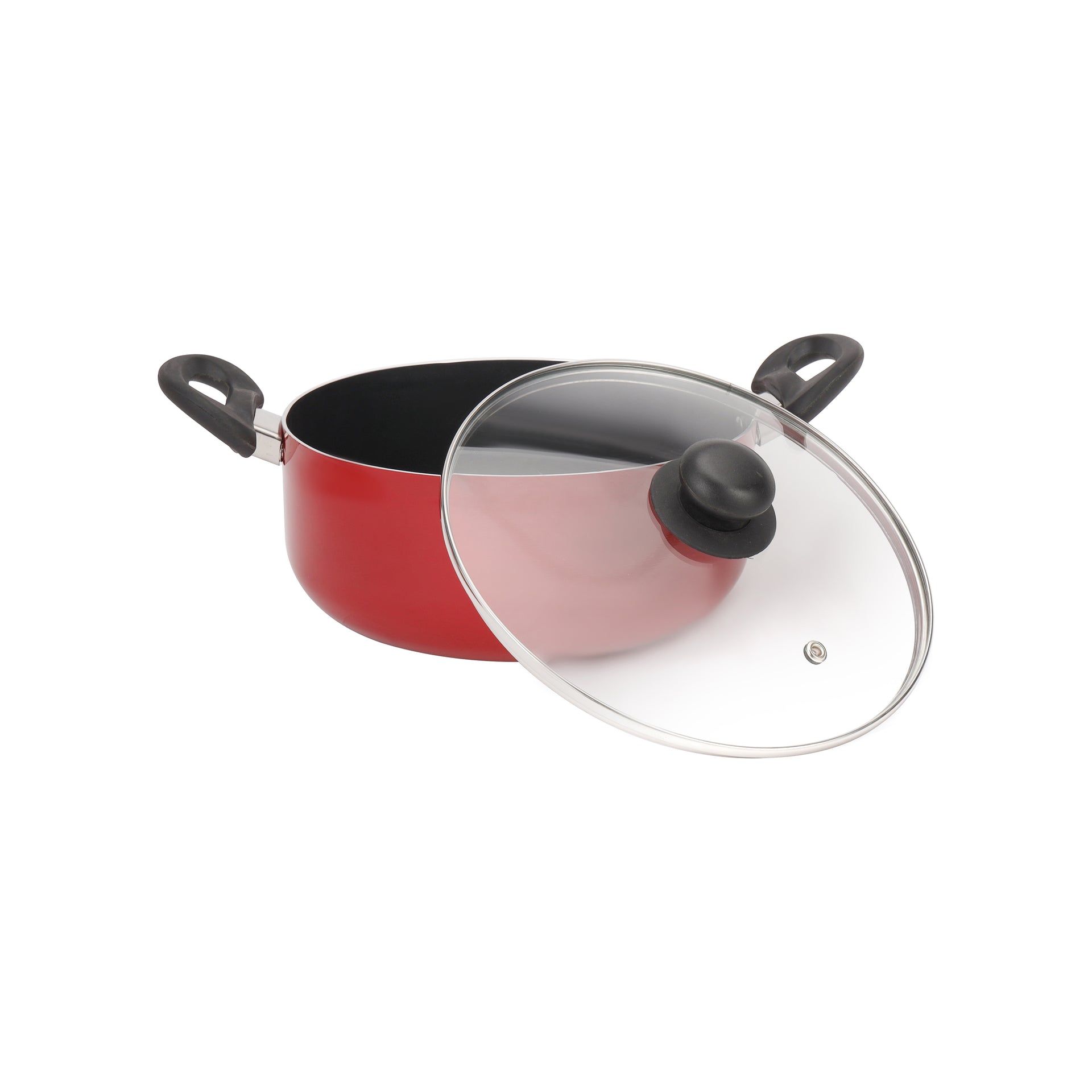 7-Piece Non-Stick Pressed Aluminum Cookware Set – 3-Layer Non-Stick Coating, CD Bottom, Bakelite Handles, Glass Lids, Includes Casserole, Saucepan, Fry Pan & Nylon Tools – PFOA-Free, Red Red