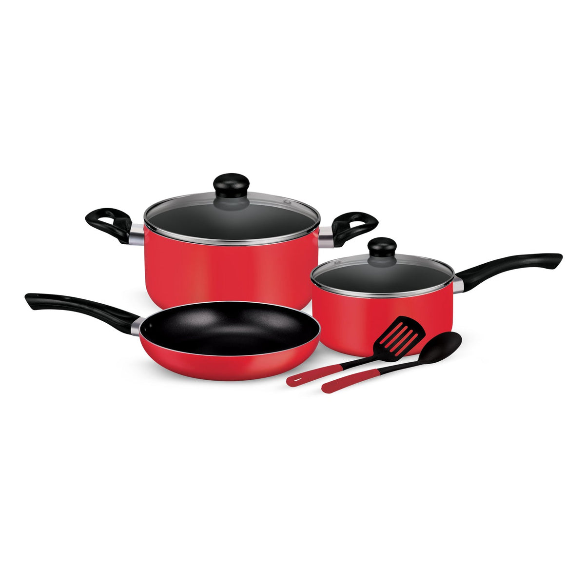 7-Piece Non-Stick Pressed Aluminum Cookware Set – 3-Layer Non-Stick Coating, CD Bottom, Bakelite Handles, Glass Lids, Includes Casserole, Saucepan, Fry Pan & Nylon Tools – PFOA-Free, Red Red