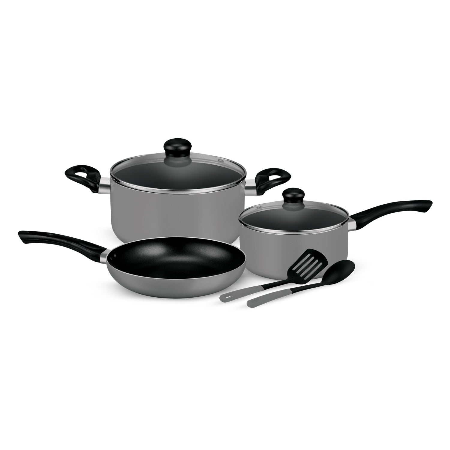 Royalford 7-Piece Non-Stick  Press Aluminum Cookware Set Grey Aluminum Body With 3-Layer Non-Stick Coating Grey