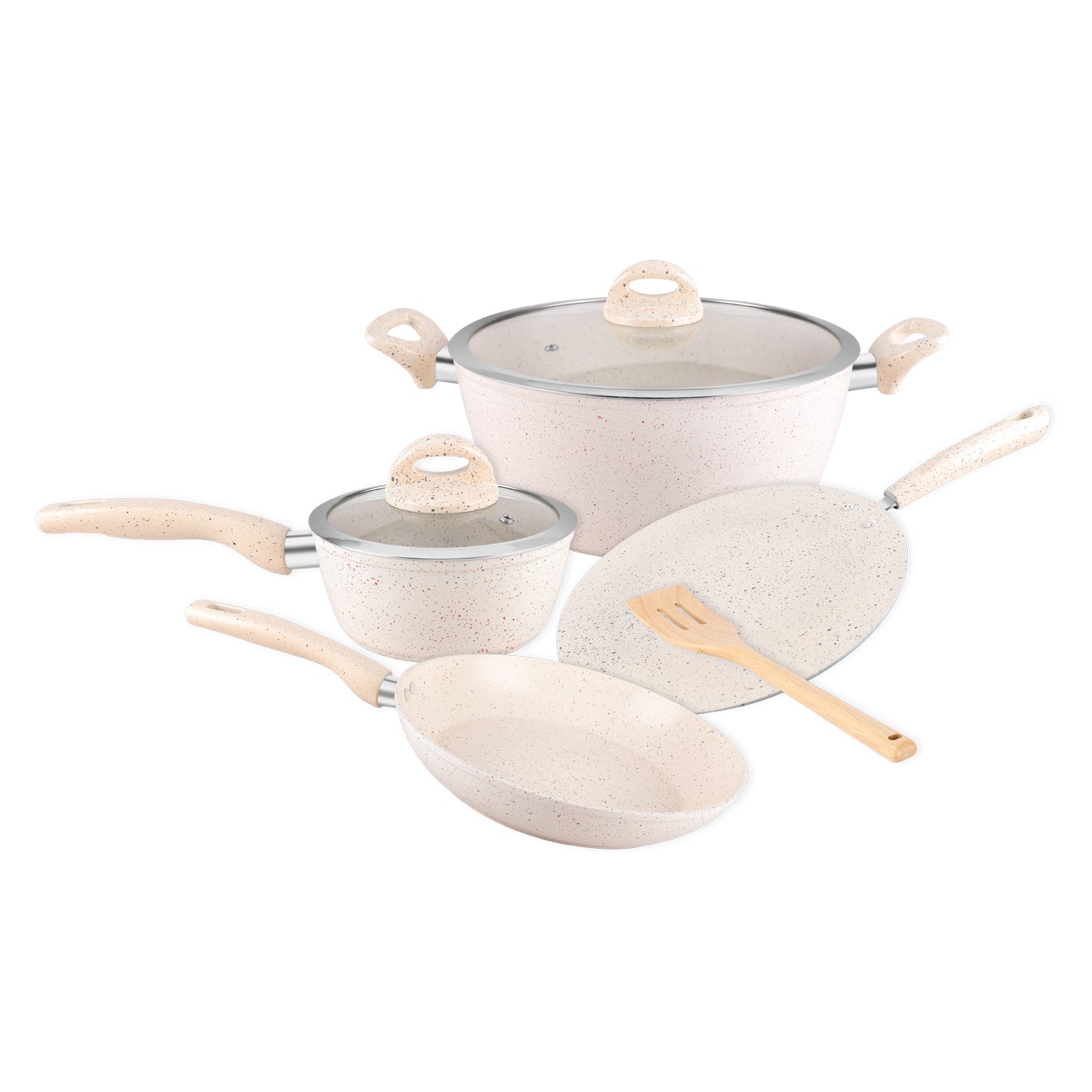 Royalford 7 piece  Granite Cookware Set| Forged Aluminum with Granite Coated Body| Induction Base, Soft Touch Handles and Tempered Glass Lid| Includes Casseroles, Sauce Pan, Tawa, Fry Pan and Turner Pink