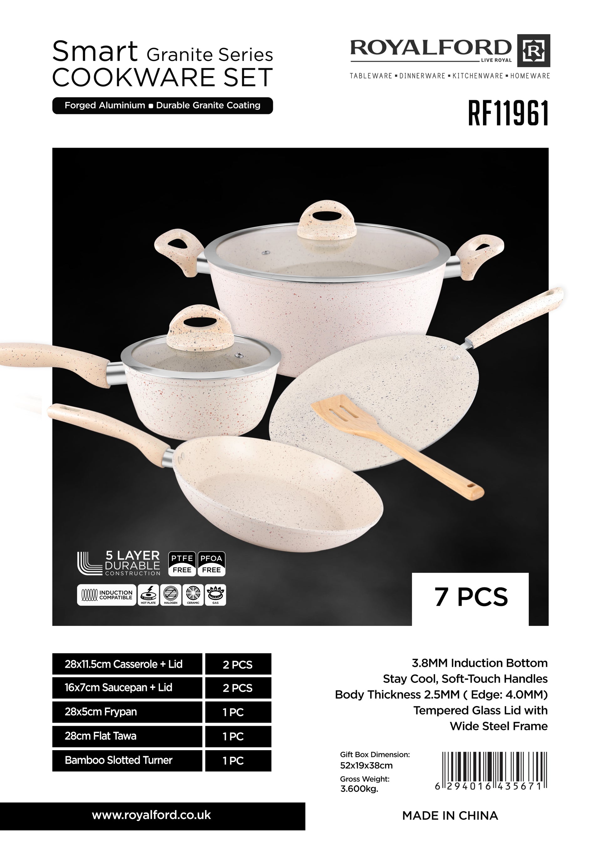 Royalford 7 piece  Granite Cookware Set| Forged Aluminum with Granite Coated Body| Induction Base, Soft Touch Handles and Tempered Glass Lid| Includes Casseroles, Sauce Pan, Tawa, Fry Pan and Turner Pink
