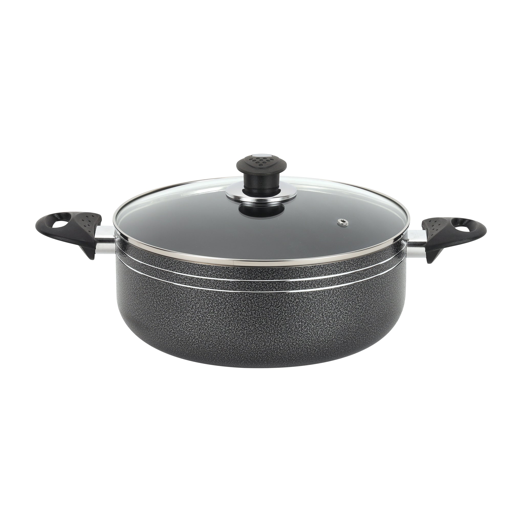 Royalford Press Aluminium 32cm Casserole With 2MM Body Thickness, Heat Resistant Exterior, Strong Bakelite HandlesTempered Glass Lid With Steel Frame, PTFE/PFOA Free Black