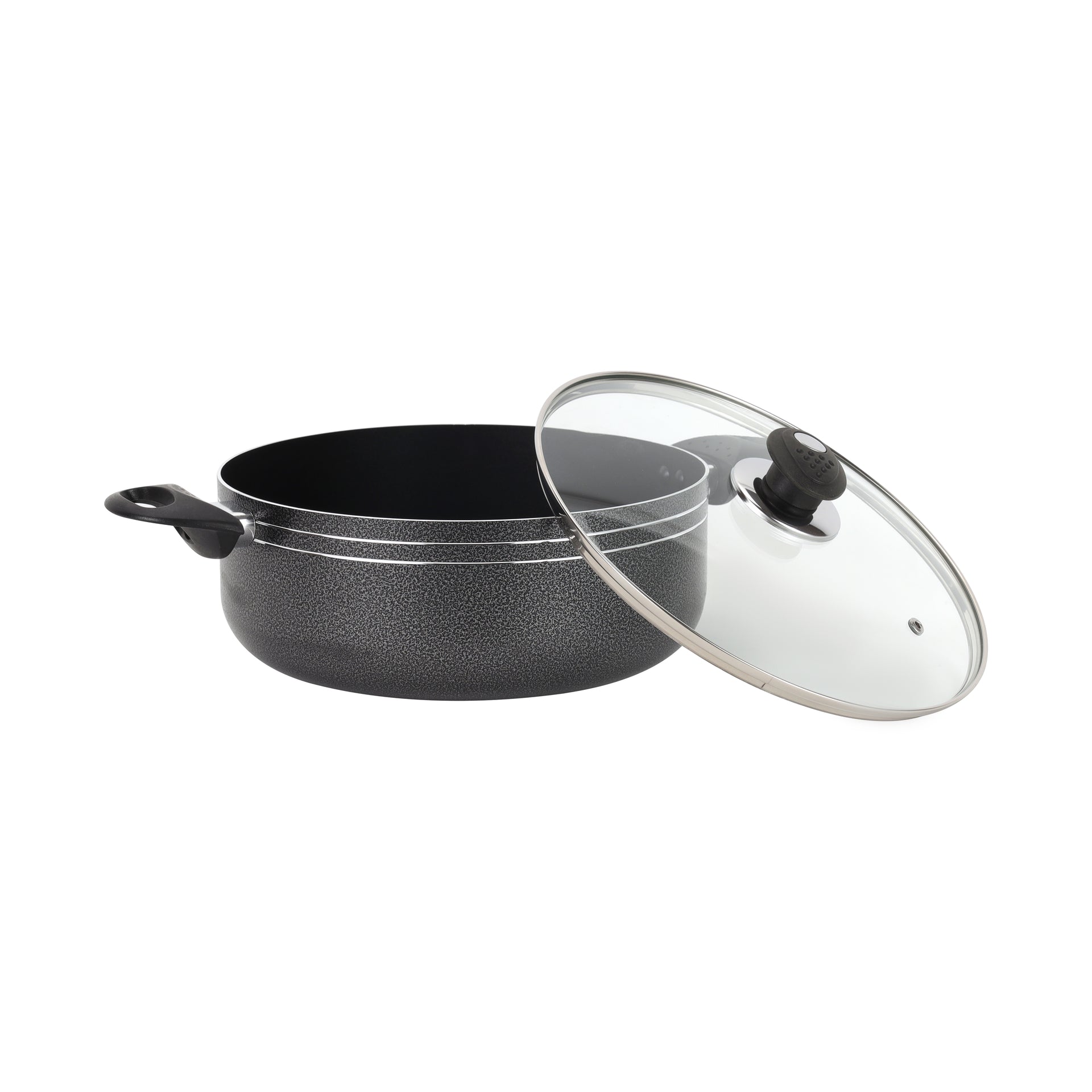 Royalford Press Aluminium 32cm Casserole With 2MM Body Thickness, Heat Resistant Exterior, Strong Bakelite HandlesTempered Glass Lid With Steel Frame, PTFE/PFOA Free Black