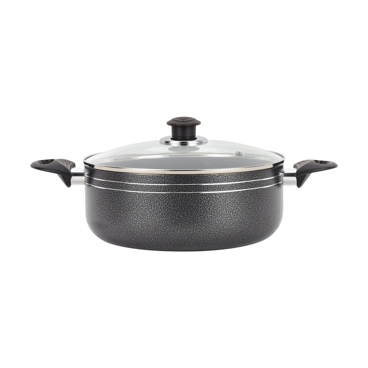 Royalford Press Aluminium 32cm Casserole With 2MM Body Thickness, Heat Resistant Exterior, Strong Bakelite HandlesTempered Glass Lid With Steel Frame, PTFE/PFOA Free Black