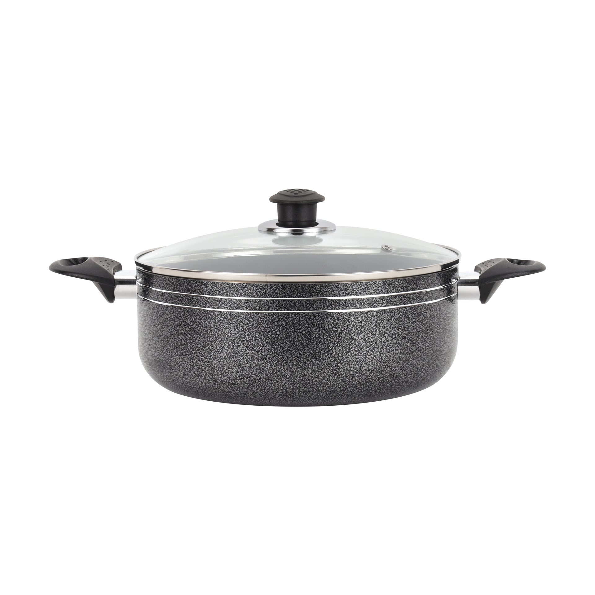 Royalford Press Aluminium 32cm Casserole With 2MM Body Thickness, Heat Resistant Exterior, Strong Bakelite HandlesTempered Glass Lid With Steel Frame, PTFE/PFOA Free Black