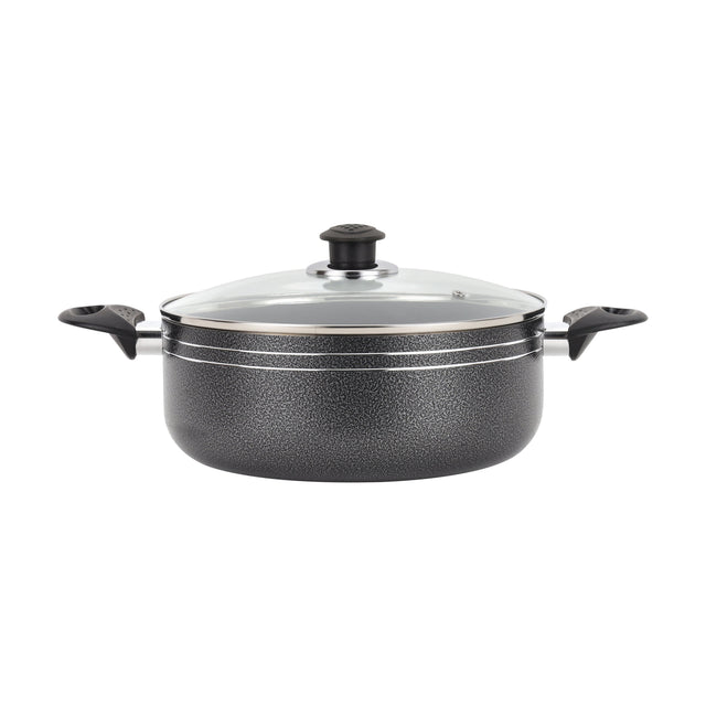 Royalford Press Aluminium 32cm Casserole With 2MM Body Thickness, Heat Resistant Exterior, Strong Bakelite HandlesTempered Glass Lid With Steel Frame, PTFE/PFOA Free Black
