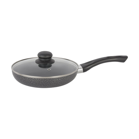 Royalford 20 CM Aluminum Fry Pan With Tempered Glass Lid, Black color Strong Aluminum Body With Non-Stick Coating And Bakelite Handle ,Compatible With Hot Plate, Halogen, Ceramic And Gas Stovetops Assorted