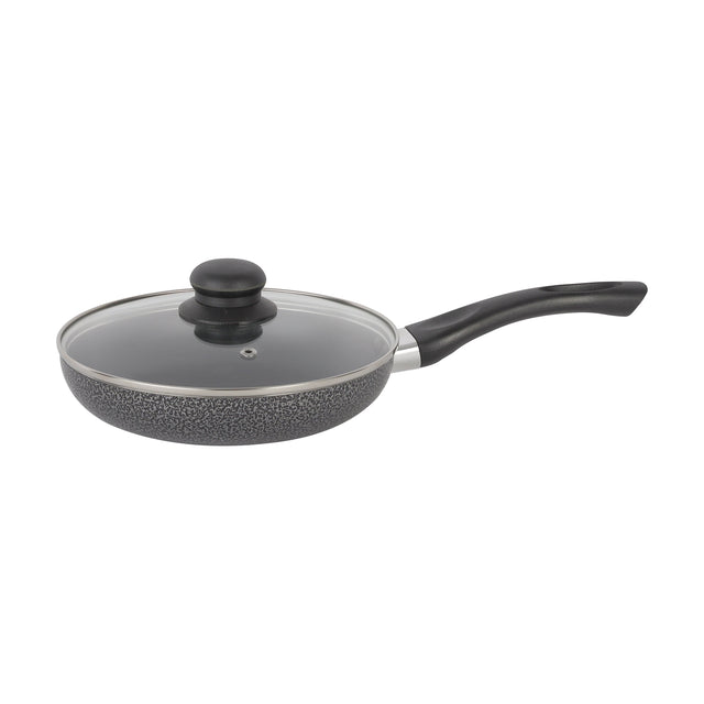 Royalford 20 CM Aluminum Fry Pan With Tempered Glass Lid, Black color Strong Aluminum Body With Non-Stick Coating And Bakelite Handle ,Compatible With Hot Plate, Halogen, Ceramic And Gas Stovetops Assorted