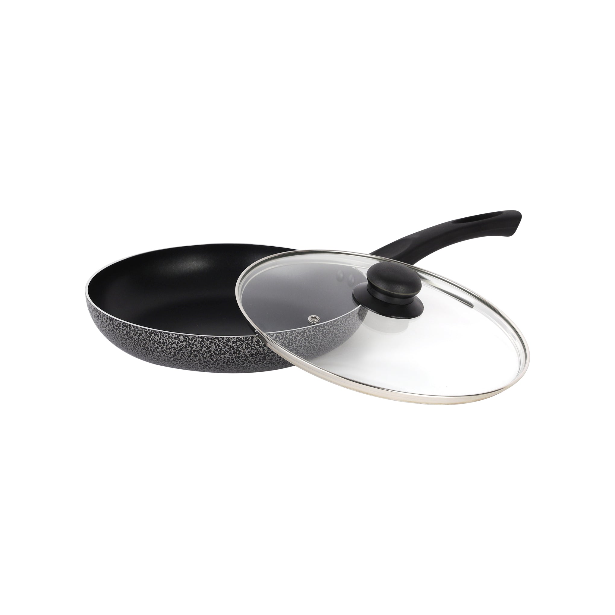 Royalford 24 CM Aluminum Fry Pan With Tempered Glass Lid Black color, Strong Aluminum Body With Non-Stick Coating And Bakelite Handle| Compatible With Hot Plate, Halogen, Ceramic And Gas Stovetops Red