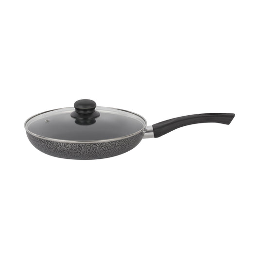 Royalford 24 CM Aluminum Fry Pan With Tempered Glass Lid Black color, Strong Aluminum Body With Non-Stick Coating And Bakelite Handle| Compatible With Hot Plate, Halogen, Ceramic And Gas Stovetops Red